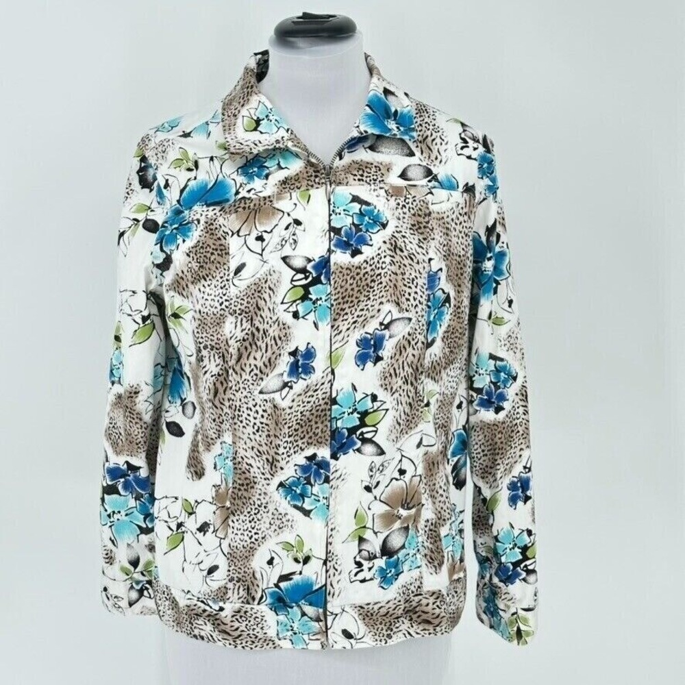 Chico's Floral Animal Print Full Zip Long Sleeve Bomber Style Jacket SZ 2/L/12
